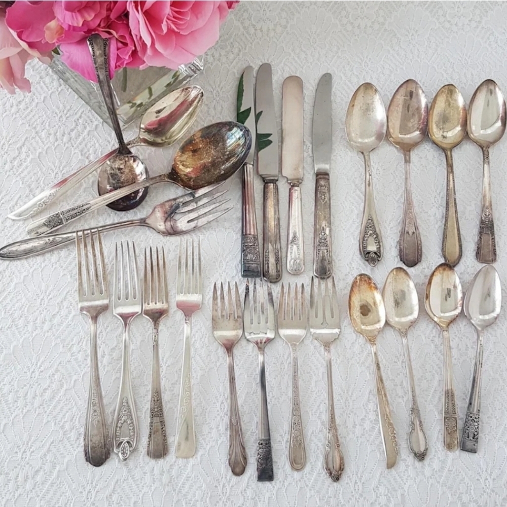 Mismatched Silverplated Flatware Set: Dinner Cutlery for 4 with Serving Utensils